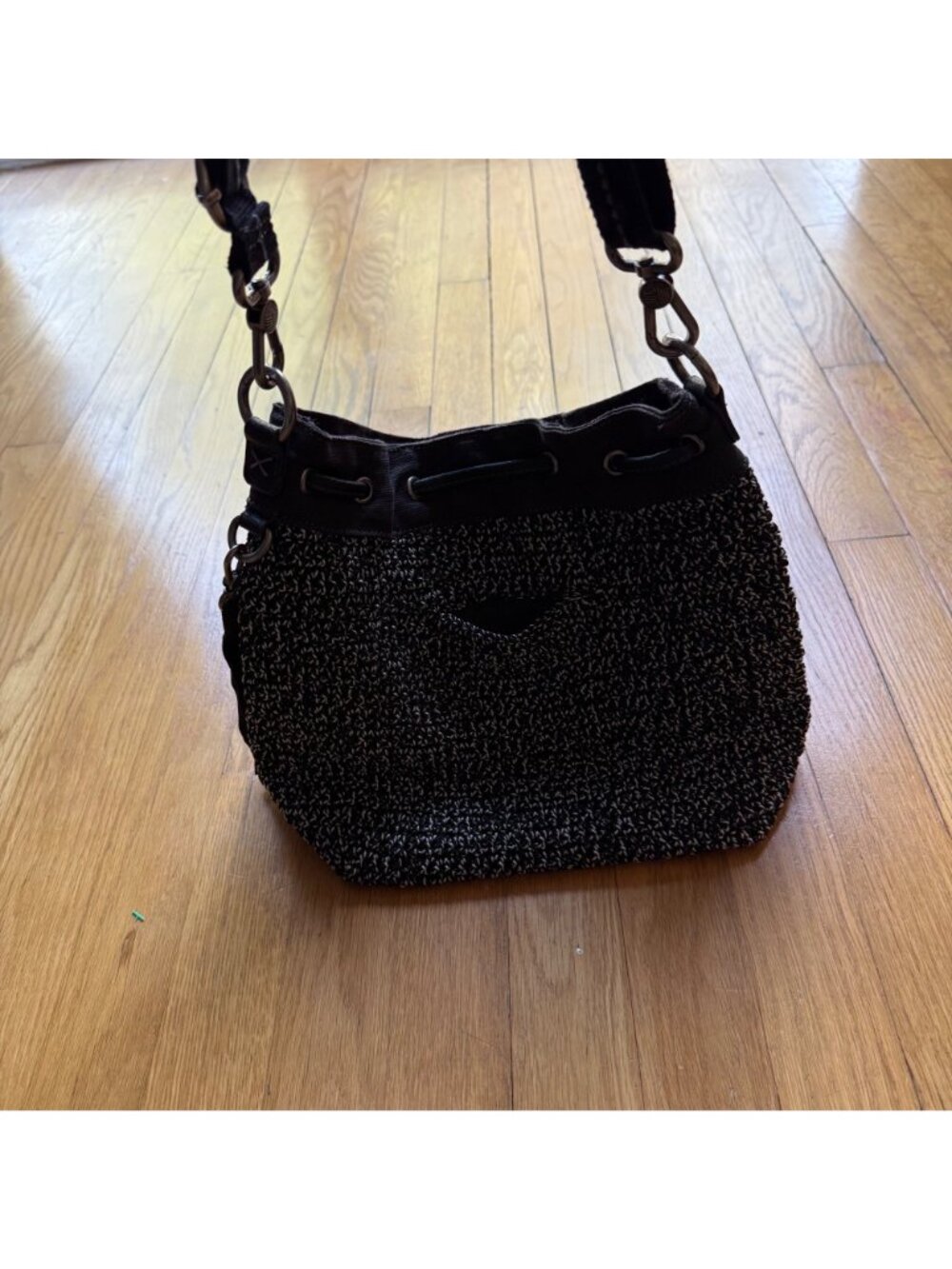 Crochet Boho The Sak 12"x10" Black & White Ukiah Crochet Drawstring Bucket Bag - Picture 12 of 15